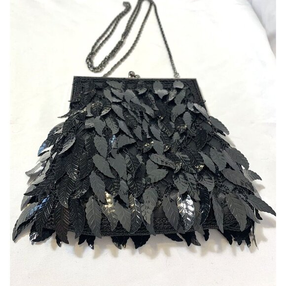 Vintage DRAP Barcelona Beaded Flapper Crossbody Purse Kiss Lock Leaf Sequins EUC - Picture 3 of 13